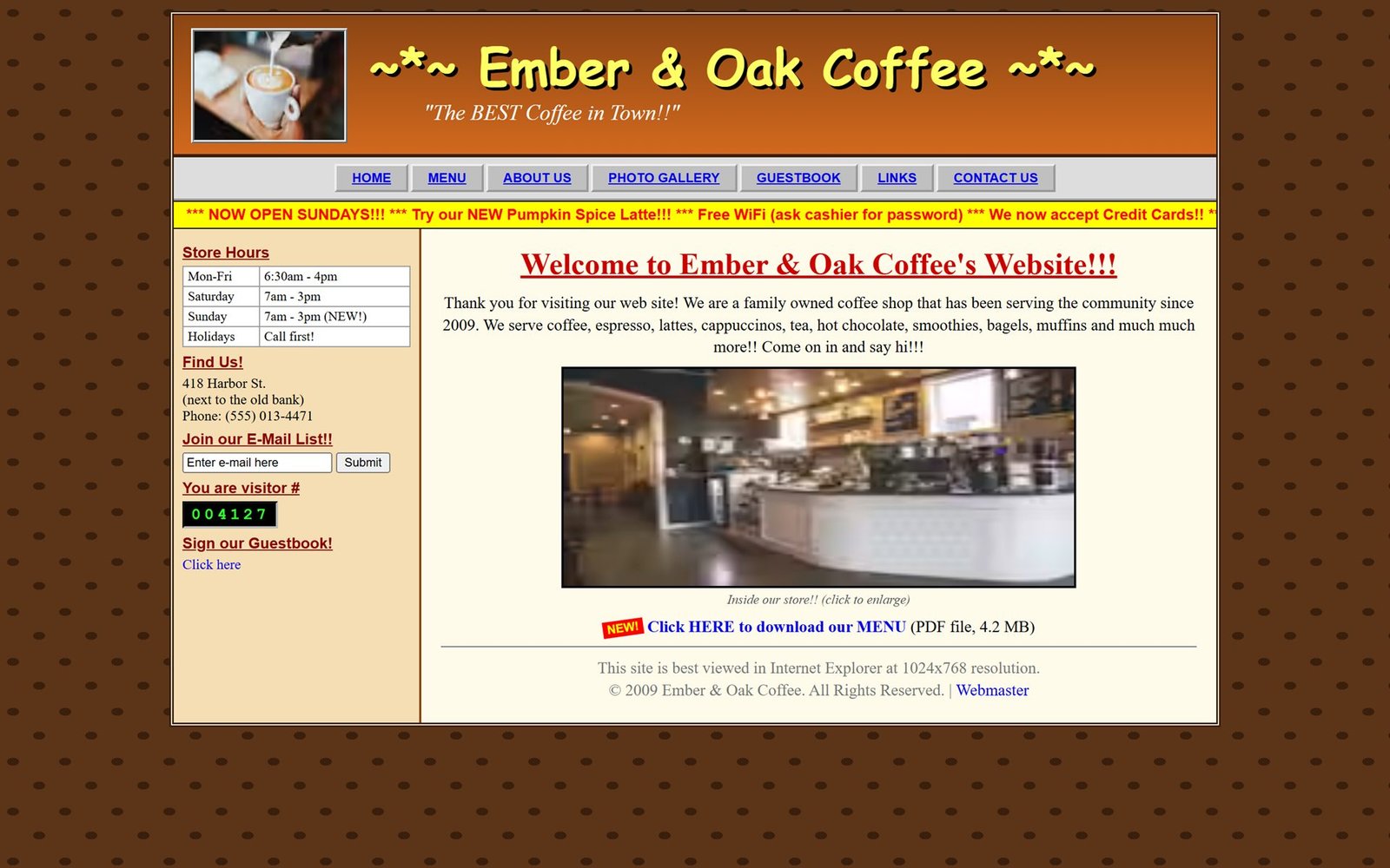 Before: Ember & Oak Coffee's old site, with Comic Sans, a scrolling yellow banner, a visitor counter and a blurry photo.